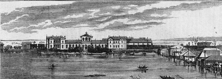Привокзальная площадь, наводнение 1877 год гравюра 2390