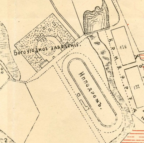 Територія Кременчуцького богоугодного закладу (сучасної лікарні №1) на плані міста 1908 року.